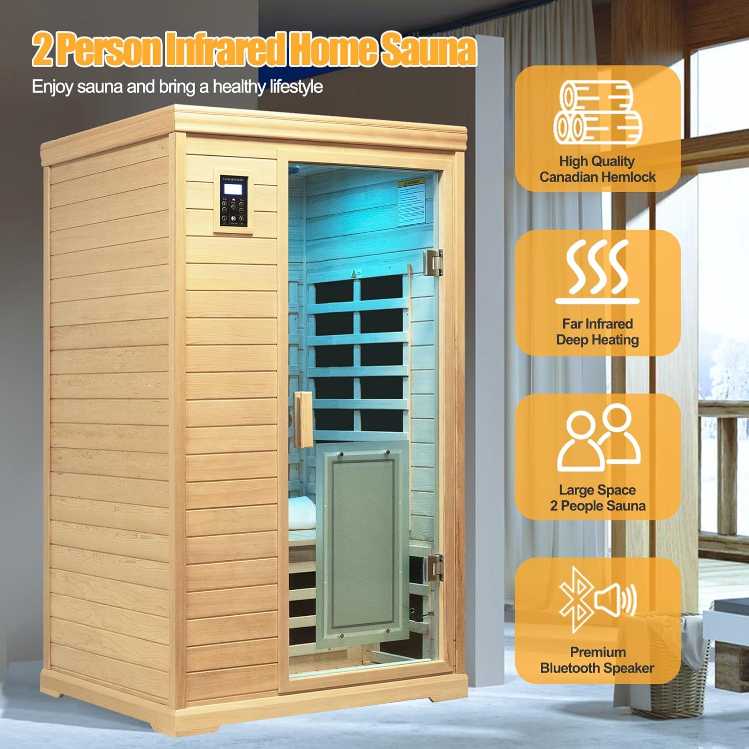 Salus Heat Low EMF Indoor Sauna, Infrared Sauna for Home, 2 Person Infrared Sauna, Canadian Hemlock, 9 Low EMF Heaters, 2 Chromotherapy Lights, 2 Bluetooth Speakers, 1 LED Reading Lamp, 1750W