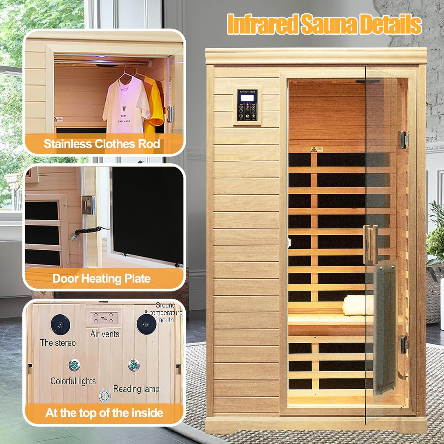 Salus Heat Low EMF Indoor Sauna, Infrared Sauna for Home, 2 Person Infrared Sauna, Canadian Hemlock, 9 Low EMF Heaters, 2 Chromotherapy Lights, 2 Bluetooth Speakers, 1 LED Reading Lamp, 1750W