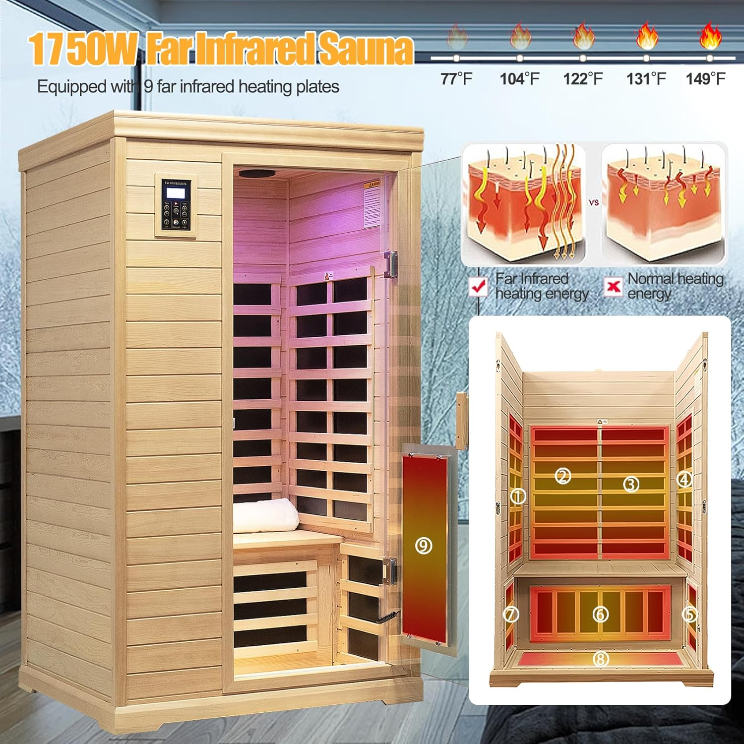 Salus Heat Low EMF Indoor Sauna, Infrared Sauna for Home, 2 Person Infrared Sauna, Canadian Hemlock, 9 Low EMF Heaters, 2 Chromotherapy Lights, 2 Bluetooth Speakers, 1 LED Reading Lamp, 1750W