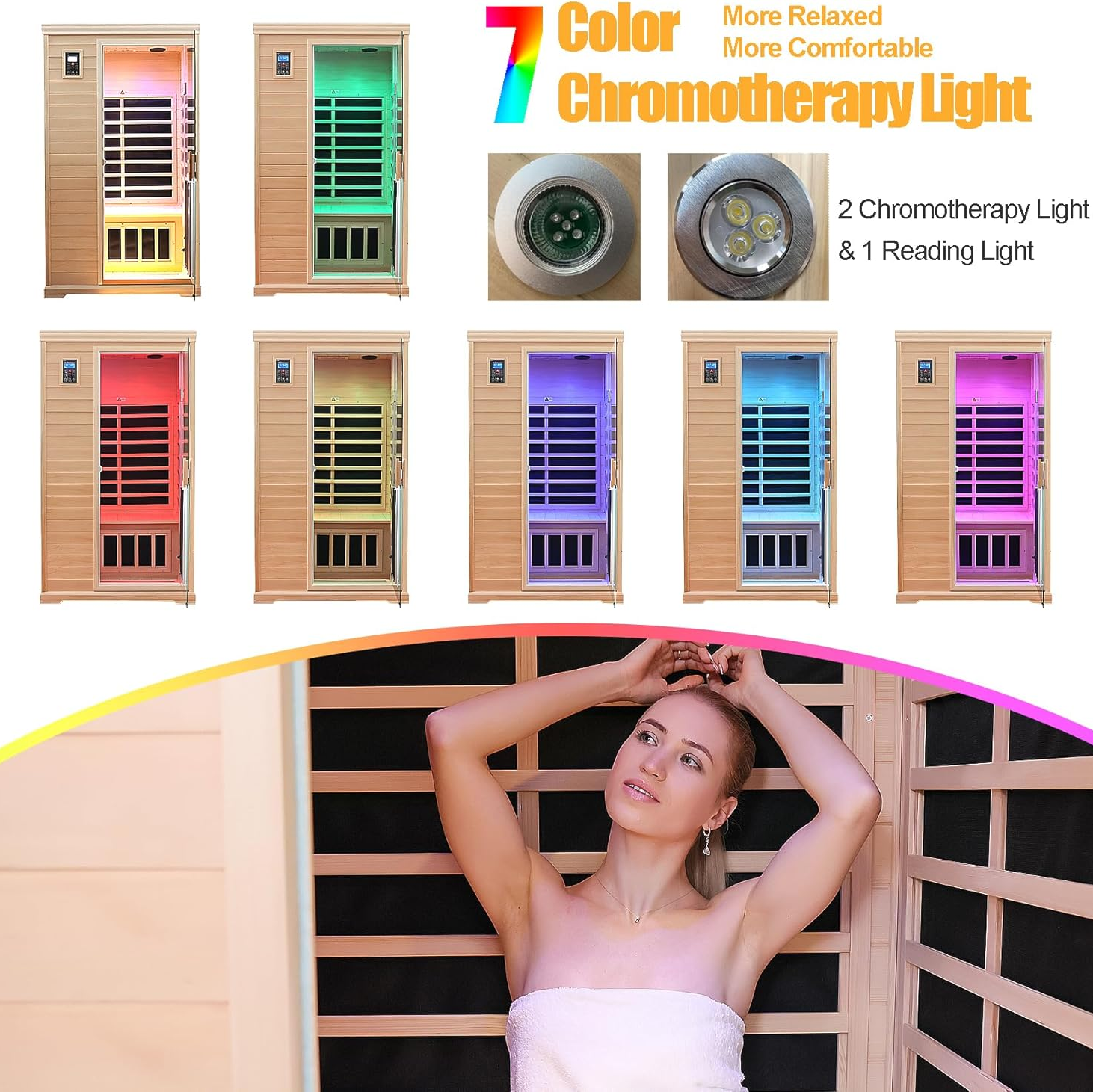 Salus Heat Low EMF Indoor Sauna, Infrared Sauna for Home, 2 Person Infrared Sauna, Canadian Hemlock, 9 Low EMF Heaters, 2 Chromotherapy Lights, 2 Bluetooth Speakers, 1 LED Reading Lamp, 1750W