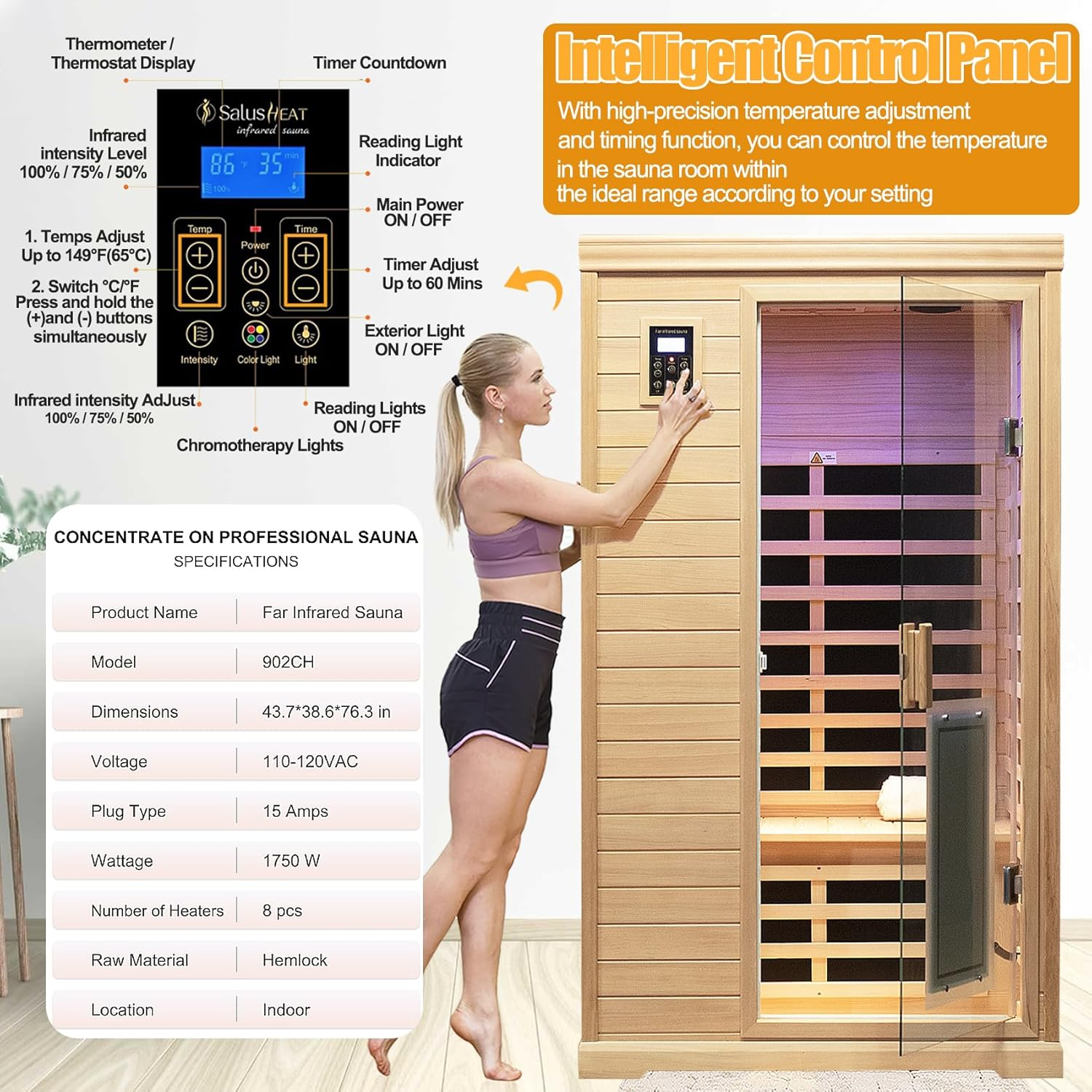 Salus Heat Low EMF Indoor Sauna, Infrared Sauna for Home, 2 Person Infrared Sauna, Canadian Hemlock, 9 Low EMF Heaters, 2 Chromotherapy Lights, 2 Bluetooth Speakers, 1 LED Reading Lamp, 1750W