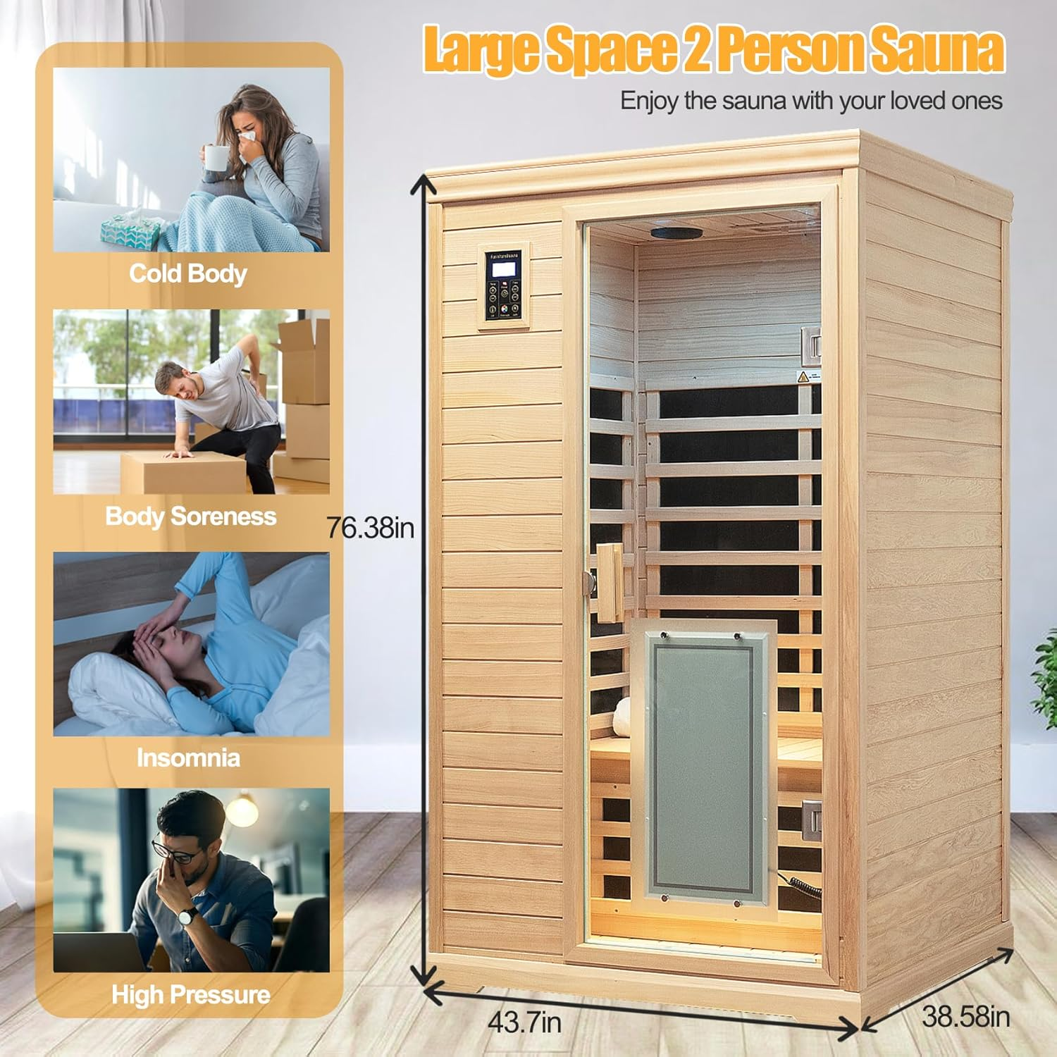 Salus Heat Low EMF Indoor Sauna, Infrared Sauna for Home, 2 Person Infrared Sauna, Canadian Hemlock, 9 Low EMF Heaters, 2 Chromotherapy Lights, 2 Bluetooth Speakers, 1 LED Reading Lamp, 1750W